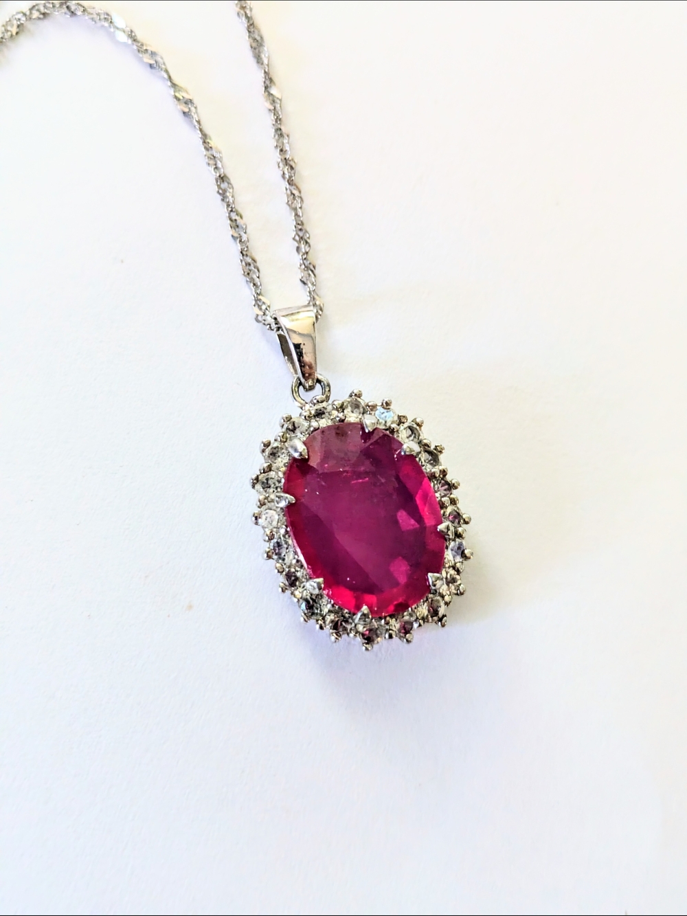 Sterling Silver Large 16-12mm Oval Lab Ruby C.Z. Halo Pendant Chain Necklace